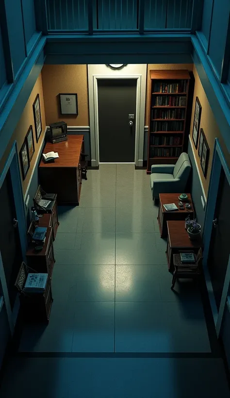  ultra realistic style，16K quality，Aerial shot ， using a blind spot ，绕到Door边Aerial shot 校长办公室，Door，evening， dark room ， scene of the principals office inside the school，室内的Door，sofa，desk、chair，bookshelf