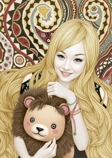  A blonde hair straight long hair Girl . Holding Cute Cartoon Lion Shaped Plush Doll. girl hair very long ., hair extension dissolved into the background , background is tribal totem , background abstract , Gustav Klimt style , low brightness ,Milky color ...