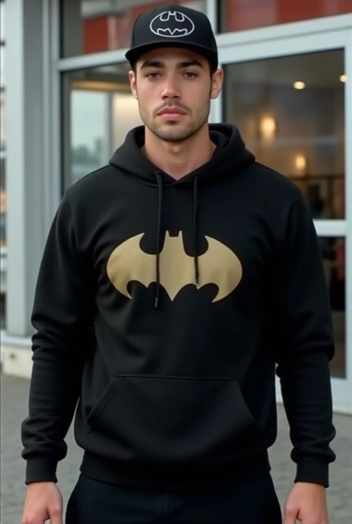 hyper realistic image, 8k, 4k, of julian cadsablancas, middle eastern, iranian boyish appearence with brown eyes, short hair, wearing black hoodie, black joggers pants, black toque with a batman symbol on it white air force, standing outside of Mcdonalds, ...