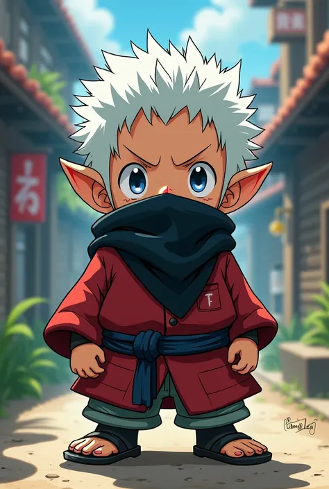 Give me a 17-year-old tontatta  (  young dwarf with a pointy nose ) do anime one piece,  wearing a ninja costume with a mask, White hair a thick white ass,