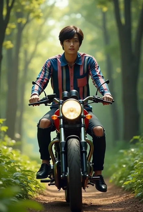 Photo of a Korean guy Handsome white skin hair with long nose bangs and big eyes wearing a blue red white striped shirt and long black jeans ripped knee thin black shoes again riding MotorCros in the forest with a smile 