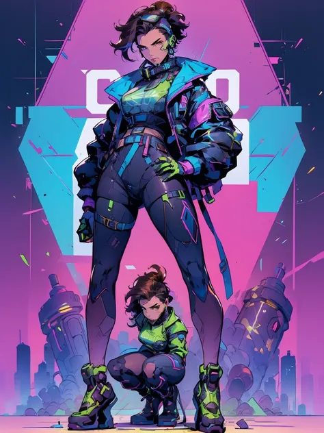 A cyberpunk man with cyberpunk visor, short brown hair, wearing high collar jacket standing looking down on sexy cyberpunk girl on her knees, holding his big balls and sucking huge penis