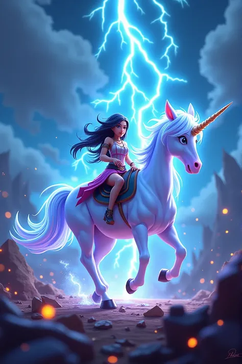 In cinematic 3d cartoon style "describe Stroms lightning Unicorn and adan sitting on stroms lightning 🌩️ ⚡ Unicorn How does Storm’s lightning Unicorn destroy the chudail’s magical artifacts?"