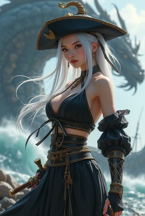 a Dong_Hua female character. xiao_yi_xian (battle_trough_the_heaven). straight silver hair. with big breast. dressed a rather delicate black pirate clothes and hat. several gold accessorris. glistening radiant skin. dynamic pose fighting. a sickle on right...