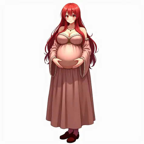 anime girl, long hair, big pregnant, red eyes, very big breasts, very big belly , hyper-pregnant girl , the biggest belly , anime style, high resolution, big breasts, hyper-pregnant girl with a big belly, red hair, full height, smile, straightened figure, ...