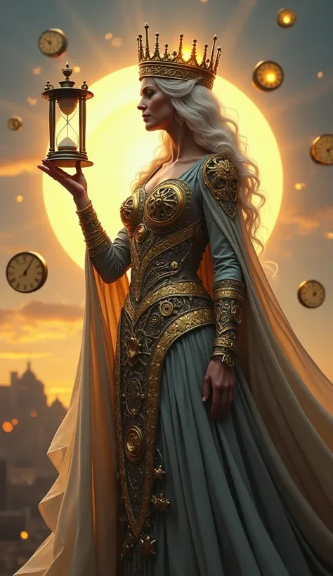 Queen of Time
"A majestic queen of time, wearing an elegant dress made of moving golden and silver gears. She wears a glowing crown resembling an ancient clock and holds an hourglass that emits a mysterious light. In the background, floating clocks and a t...