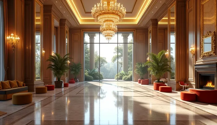 A luxurious, spacious main hall with grand chandeliers hanging from the high ceiling, elegant marble flooring, and golden accents. The room is beautifully decorated with plush velvet furniture, a large modern fireplace, and large floor-to-ceiling windows o...