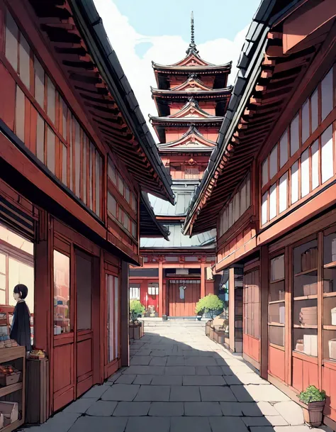 senery, store, shop, store building in japanese shrine, ancient japanese building, red and white building