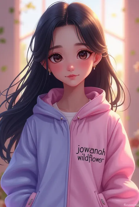 A girl with a cute smile with long black hair and wearing a half light lavander half pastel pink jacket that says “Jowanah WILDFLOWER”