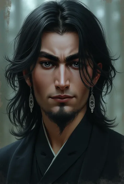 Young man of Asian decent with long hair beard and earrings