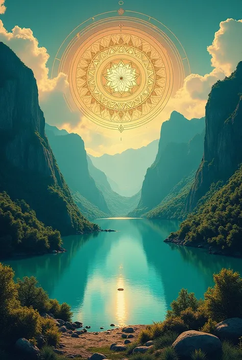 Create a poster for a Manifest Your Dream that has a picture of a lake and a couple big green mountains behind the lake ss well as sacred geometry