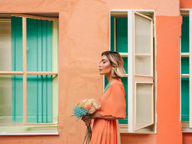  Woman looking in the window,beige, coral, turquoise, orange. 