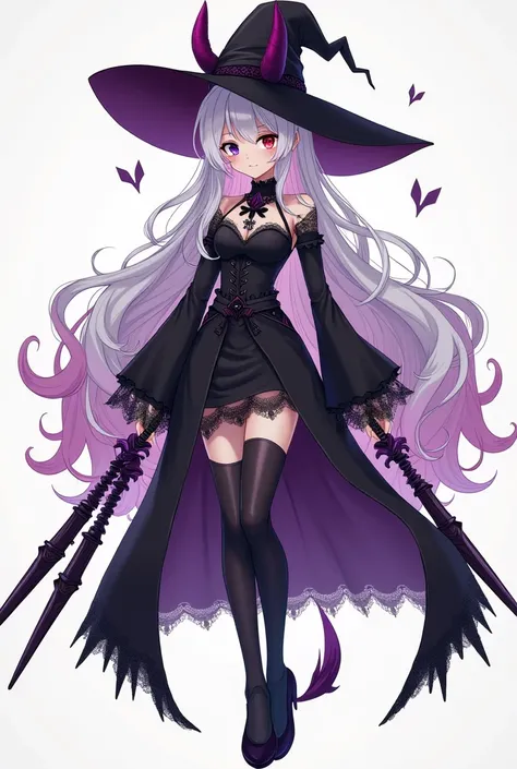 she is 1m55 tall with ankle length hair + one eye is purple and the other is red + white hair with a pink tint + purple ombre hair at the end + she is dressed like a witch and her outfit is very tight on her body + the witch hat is quite big + the long sle...