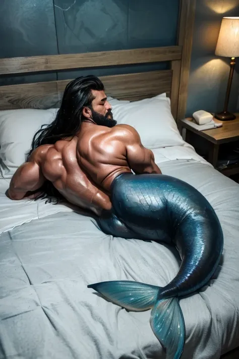 Muscular wet man with blue muscular mermaid tail instead of legs. Lying tired and sleeping on bed. Ass. Wet body. It is oiled ,  cracked and greasy. It is very much oiled and wet. black long hair, black long beard. Its raining , raining. 