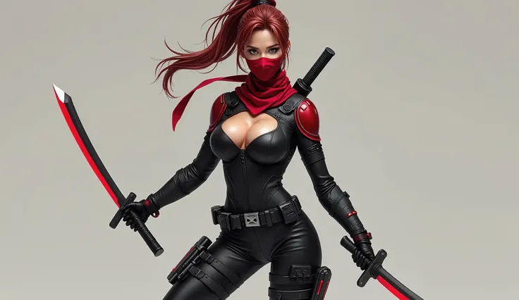 A sleek, deadly female, big boobs, deep neckline, sexy, character combining Black Widows espionage skills and agility with Elektras ruthless, martial arts prowess. She wears a tight, black tactical suit with red accents, featuring throwing knives and a bel...