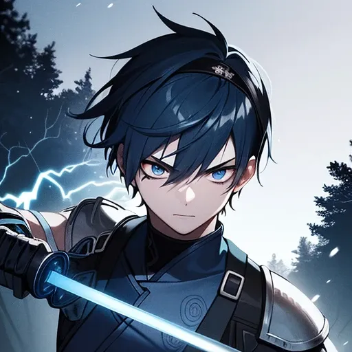 One Teenage male samurai with short blue hair and blue eyes with burn marks on his face wearing dark blue armor and a black headband holding a sword in his right hand looking serious in a forest with a violent lightning storm in the background