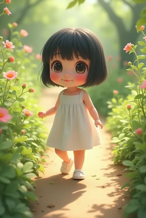 a baby girl with short black hair, white shoes, was walking.
realistic