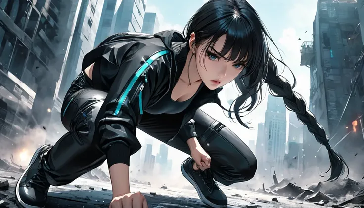 Neo-noir futuristic art style, semi-realistic anime style, dynamic close-up bokeh shot, a confident and agile woman in a superhero landing pose, aged 19, slides, getting ready to attack, captured from a low angle. Landed very close to the camera, focusing ...