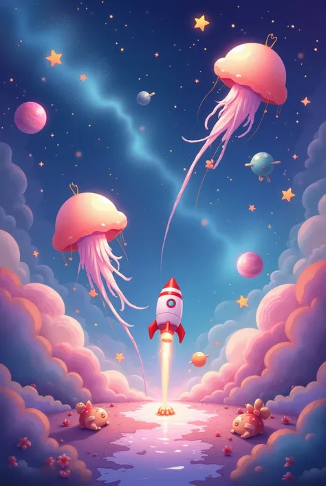 galaxy, rocket, jellyfish, shooting star, cute art. Chibi, digital art. Cozy calm, more