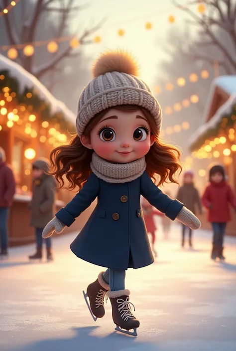 Une image mignonne d’une petite fille style realiste avec de grands yeux qui patine sur une patinoire extérieure entourée de décorations hivernales et de guirlandes lumineuses. Il porte une tenue d’hiver élégante : un manteau bleu marine, des gants tricoté...