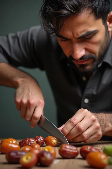 A man is holding a date in his hand and cutting it with a knife,