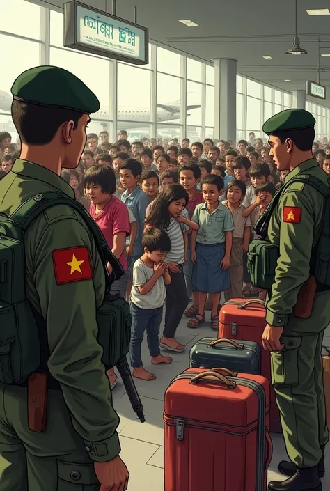 " Crowds of Asian families trying to board planes at Entebbe airport. There are suitcases and boxes scattered , Crying ren,  and Ugandan soldiers checking passports with rifles in their hands ."