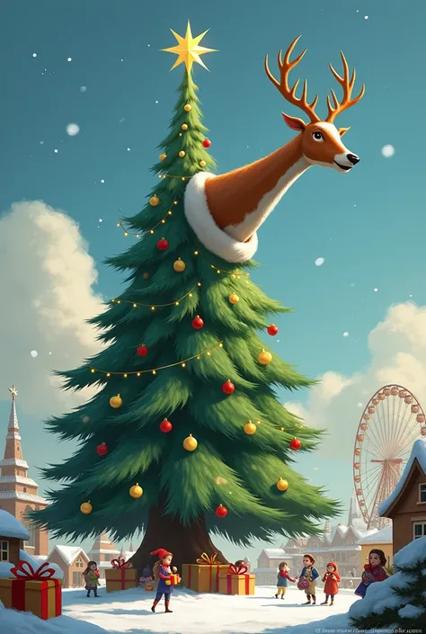 There is a Christmas tree with Santas neck holding a gift, a deer. The background is snowy, there is an amusement park, there is a village of people holding gifts.