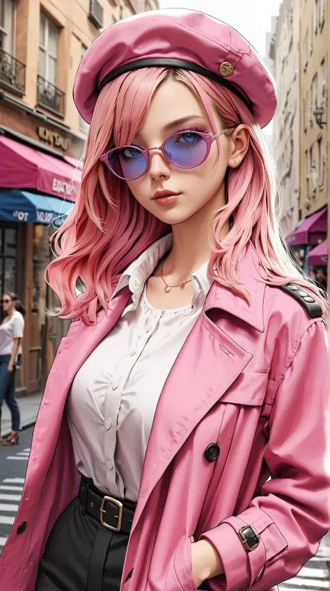 4K,  realistic,  highly detailed ,  super eyes detailed , fashionable clothes, pink raincoat, French beret , black trousers with a belt,  long hair, in the city,   pink hair ,   purple eyes  , Yae myko,  wear trendy sunglasses,