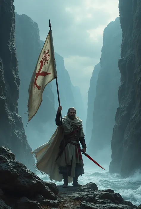  Blas de Lezo carrying the white flag with the red burgundy blade, In the abyss of hem in the Lord of the Rings  