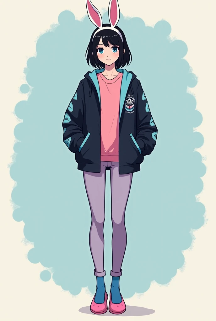  Bonnie is a British teenager with short hair  , cyan contact lenses .  She has black eyebrows and black hair .  She wears a white bunny headband ,   an open black jacket with a cyan outline near the opening of the jacket and the holes in the sleeves.  Und...