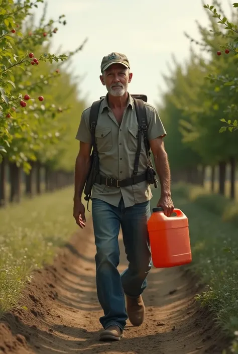  HUMAN PERSON ADVANCING IN THE FIELD WITH A GALLON OF PESTICIDE IN HIS HAND. AS HUMANE AND REALISTIC AS POSSIBLE 