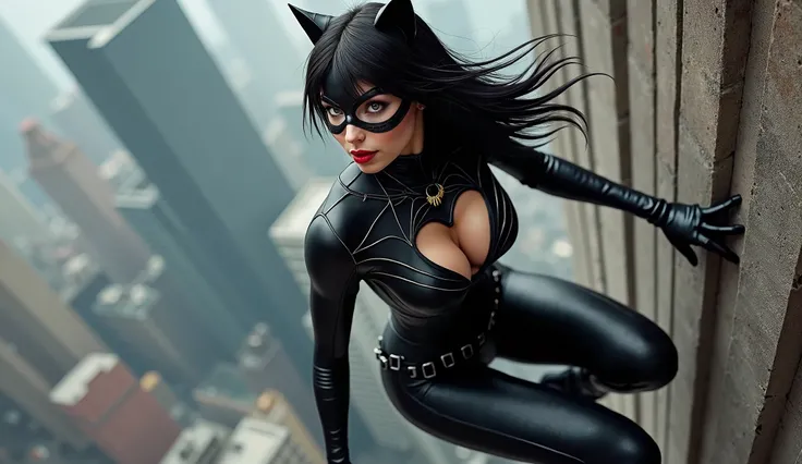 A sleek, agile female, deep neckline, big boobs, sexy, character blending Catwoman’s agility and stealth with Spider-Woman’s venomous bite and wall-crawling abilities. She wears a dark, tight-fitting black leather suit with spider-like patterns and webbing...