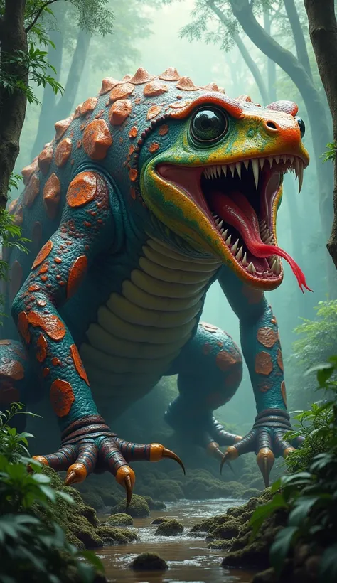 I want to see combination of giant poison dart frog and giant king cobra with sharp teeth 