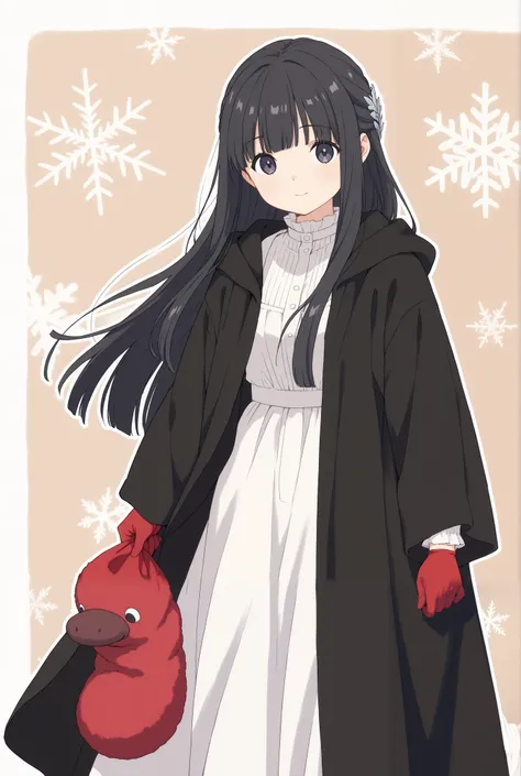 Fern, black hair,long sleeves, dress, white dress, long dress, Robe, black Robe,Christmas, red muffler ,Red gloves1人の女の子, 