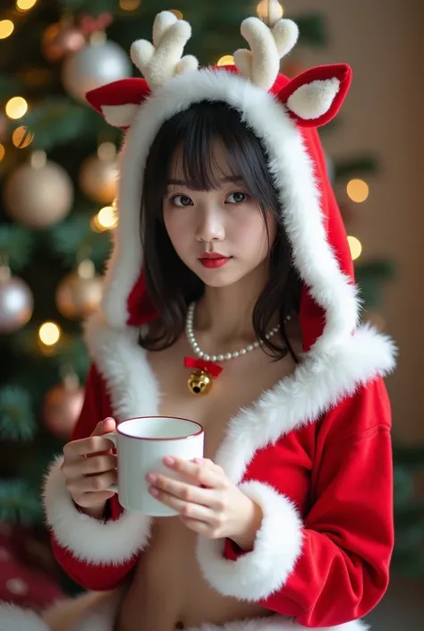 Beautiful Asian woman, 18 years.
Open chest, no buttoned shirt, Very large chest, size 45 inches,
a young woman with a festive Christmas theme. She has a soft, doll-like appearance with delicate features, dark hair styled with bangs, and is wearing a fluff...