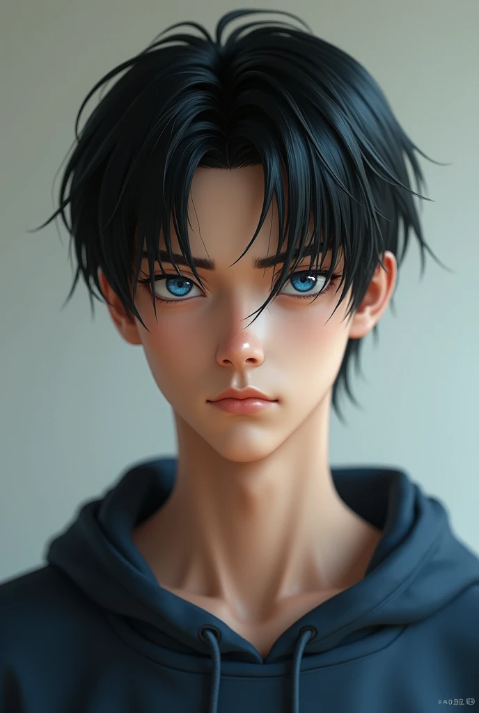 The character of Ai is a 17-year-old young man with smooth black hair below the neck, sharp and shiny blue eyes, cold and strict features wearing sportswear 