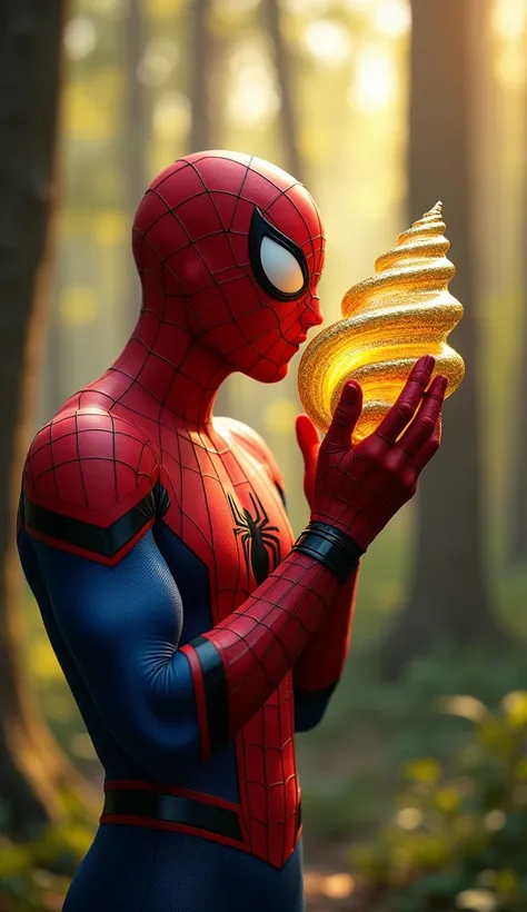 "Spiderman standing in a sunlit forest, holding the large, sharp-pointed golden seashell to his lips as he blows into it. His iconic red-and-blue suit, with detailed webbing patterns, gleams in the soft sunlight. The seashell, glowing slightly with its int...