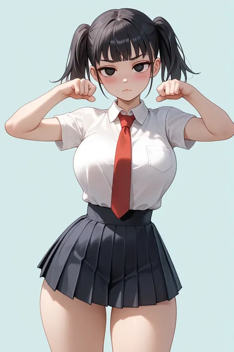 cute girl, (short), (solo), black micro pleated skirt, white collared shirt, long red tie, taut clothes, tight clothes, wide hips, contrapposto, big ass, narrow waist, thick thighs, cute massive huge breasts, perky breasts, lean belly, narrow waist, skinny...