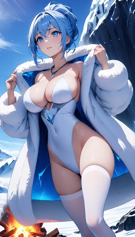   top quality 、 Ultra-high precision 、Detailed view、  vibrant colors、Alone、 beautiful girl 、Age 30、Antarctica、blue sky、ice、流ice、Bonfire、 looking up、 white bikini、 fur coat、White tights、Fur boots、Beautiful big boobs 、 serious face、 blue eyes、 Astonishing Ey...