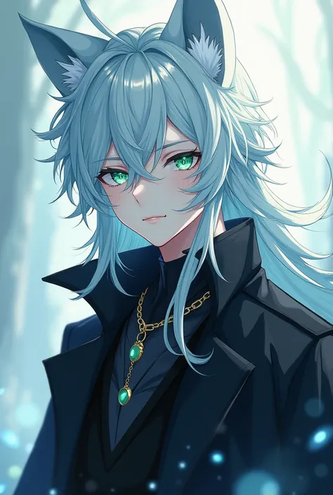 man, Wolf boy anime,  long light blue and white hair , mint green eyes ,   white skin  .  black coat , expression would be, man,  male . wolf tail and ears