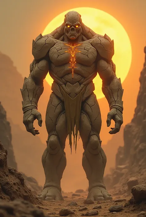 A humanoid figure made entirely of mud and clay, with cracks revealing a faint golden glow inside. It stands protectively in a barren, desolate landscape, surrounded by dry, cracked earth and a setting sun."

