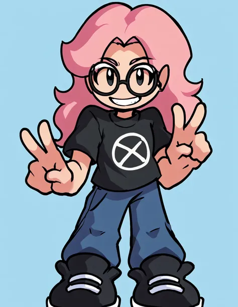 zPDXL3, 1girl, solo, blue background, white border, white outline, black outline, flat color, no sclera, black eyes, prngs, pink hair, tan skin, black shirt, blue pants, black shoes, blue eyes, sologirl, peace sign, short sleeves, round glasses, smile, sta...