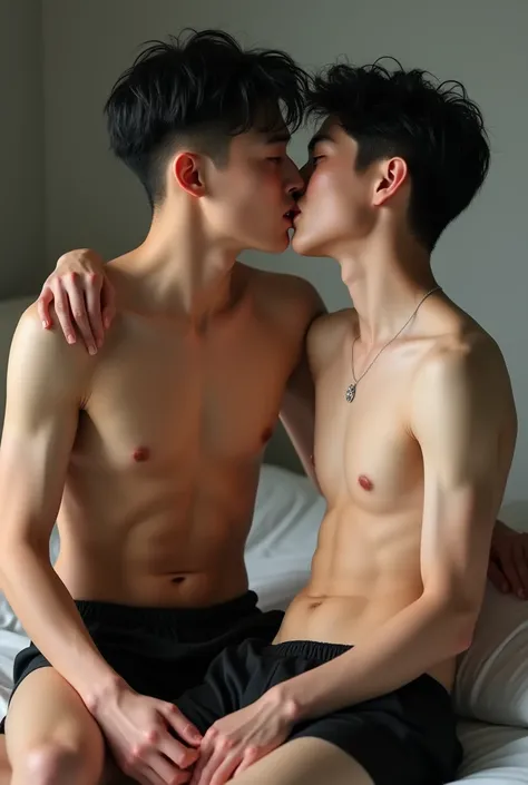 An Asian boy is a slim young man with a bright, smooth and shiny white body, very short black shorts, an open chest, an exposed belly, a full body, a timid body, a white face, red cheeks, sitting on the lap of another boy, kissing the mouth of another youn...