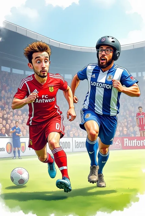 Prompt, a whimsical, watercolor splash, a cartoon illustration of two soccer players in action during a match. The player on the left is wearing a red white jersey with the word "FC Antwerp" written across the chest. He is running towards the goal with his...