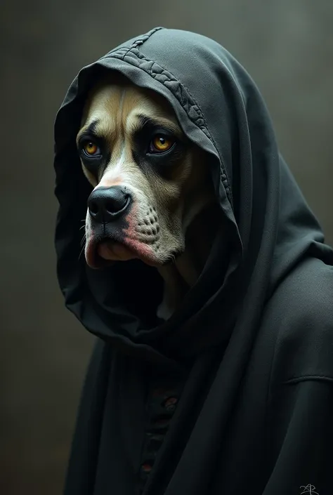 Face half a boxer dog and half a skull, black garment. 