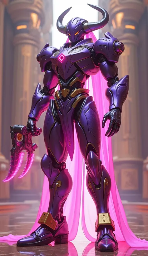 The massive warbot inspired by Vega features sleek, exotic armor in purple and gold, with a glowing neon pink aura. It holds a claw weapon in one hand, emitting a pink neon light. The warbot stands in a lavish, ornate arena, with spectators’ stands and lar...