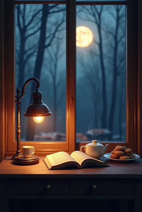 A small table with an open book an antique lamp a cup of tea a plate with cookies the table leaning against a wooden glass window at the bottom of the window trees on a moonlit night 