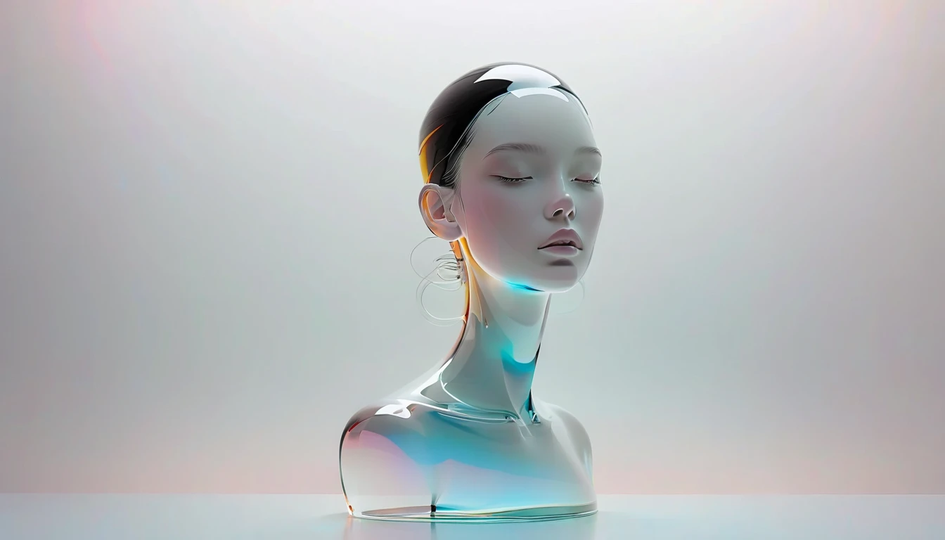 graphic design，Big black canvas，Sense of space，White Space，1 colored glass transparent 3D portrait sculpture，Bottom flow melting，Facial Luminescence Line，simple， Minimalism ，beautiful girl，Soft and elegant colors，，Dark background，Luminescence