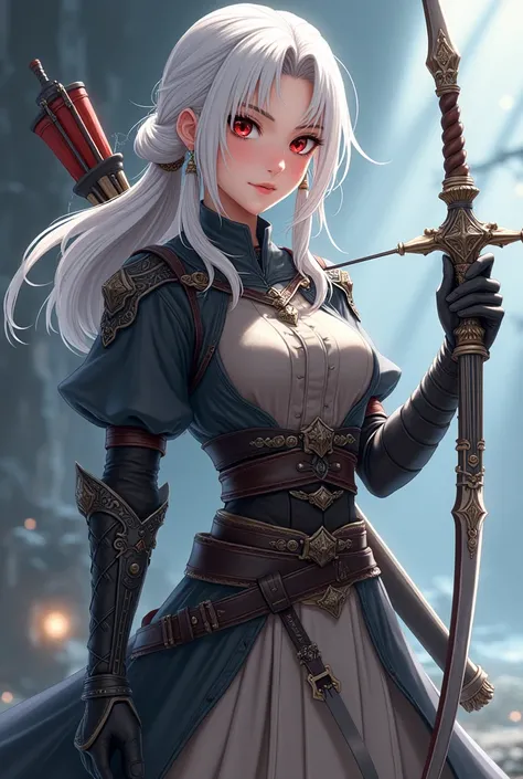 Anime fantasy little female "White hair with tail-like strands near the ears, flowing and slightly wild. Eyes are a striking shade of deep red, giving off an intense and captivating gaze. Wears an elegant adventurers outfit, primarily black with red accent...