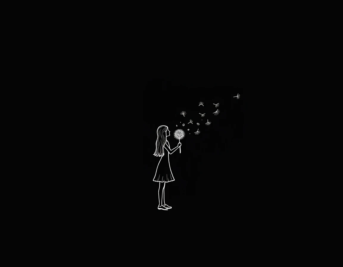 A minimalist illustration on a completely black background. In the center, a flat, white lineart depiction of a woman blowing on a dandelion. The dandelions seeds are shown floating gently away, scattered by her breath. The design is simple and elegant, wi...